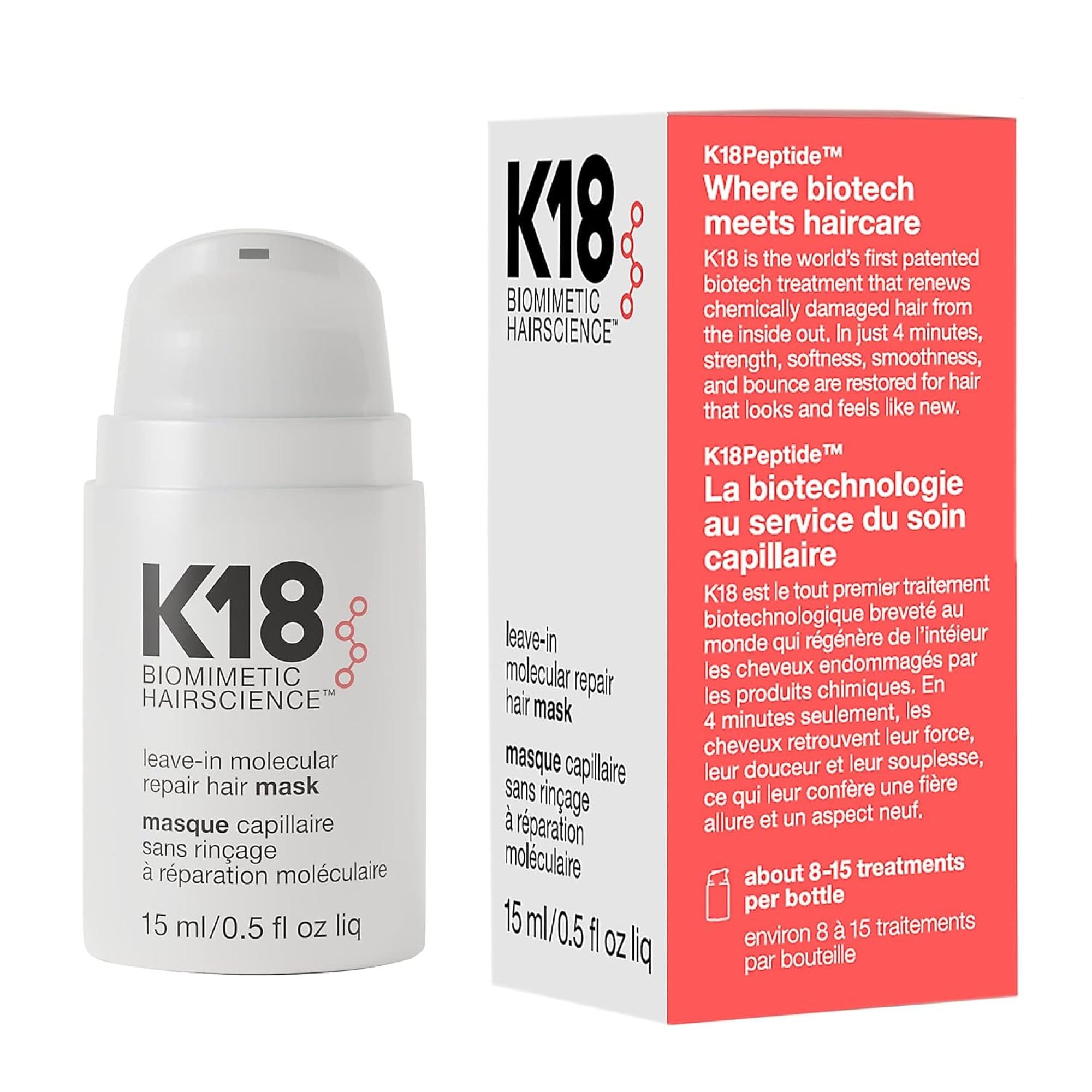 image_1 K18 Mini Leave-In Molecular Hair Mask, Repairs Dry or Damaged Hair, Reverse Hair Damage from Bleach, Colour, Chemical Services & Heat, 15ml - Image 1