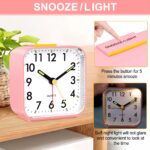 Alarm Clock, Silent Bedside Non Ticking Alarm Clocks Table Bedside Clock Battery Powered Large Display Snooze Light Clocks for Heavy Sleepers Bedrooms Office Travel (Pink) - Image 5